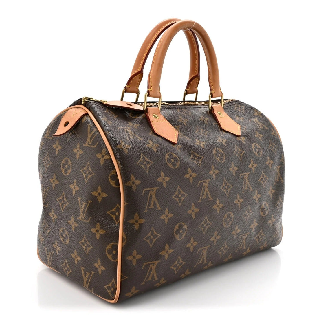 Designer handbag with monogram pattern on a white background