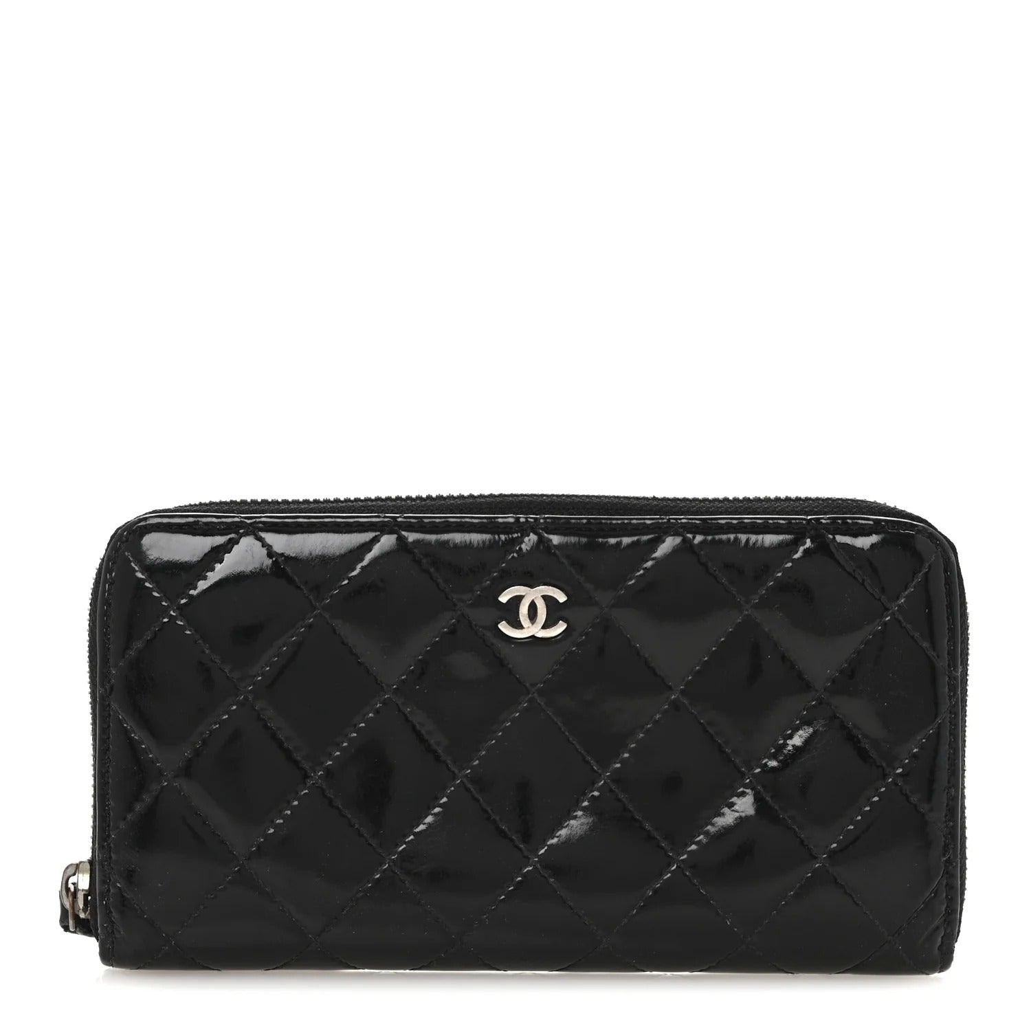 Chanel Patent Quilted Large Gusset Zip Around Wallet Black
