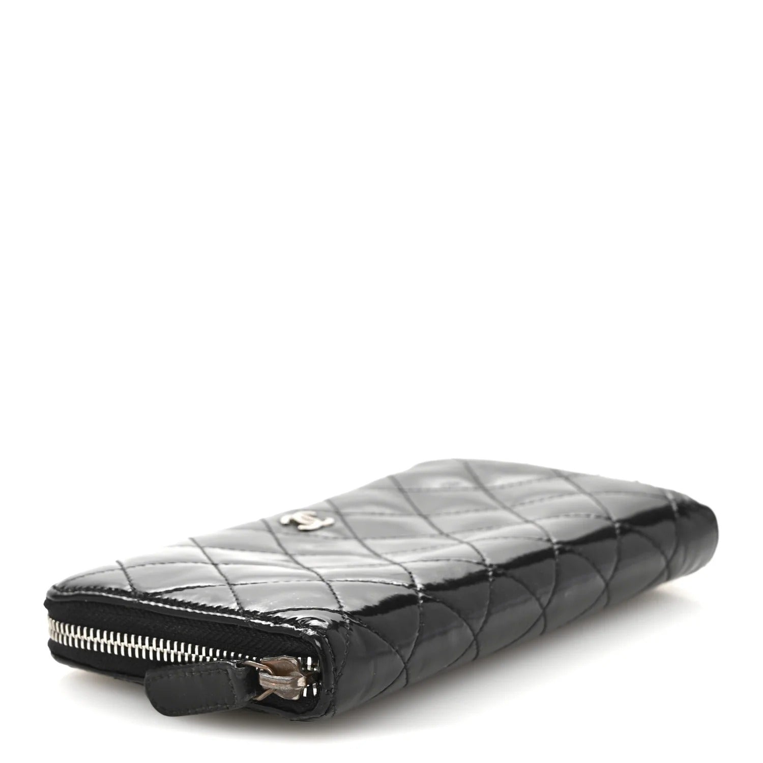 Chanel Patent Quilted Large Gusset Zip Around Wallet Black