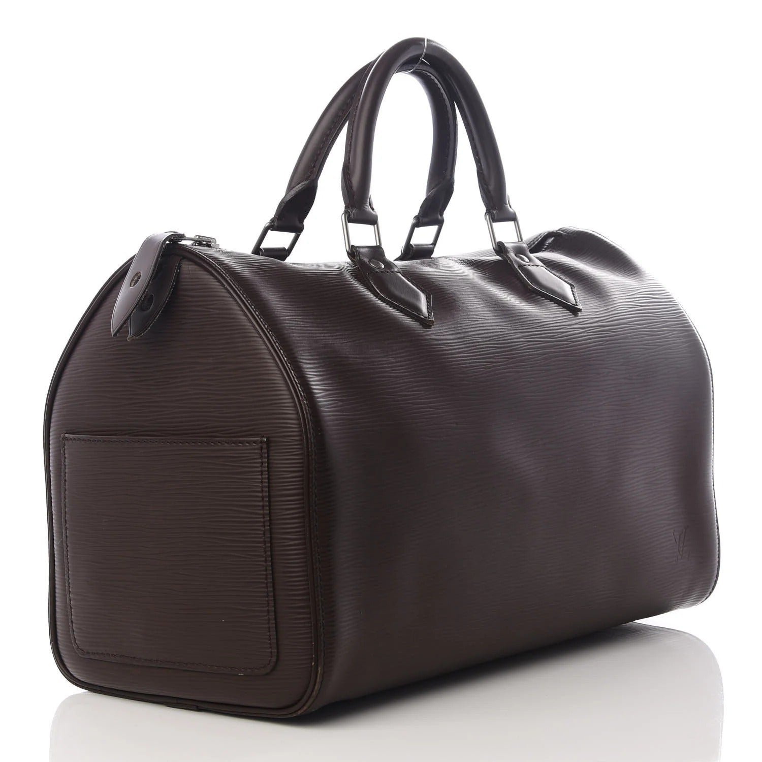 Brown leather duffel bag with handles on a white background