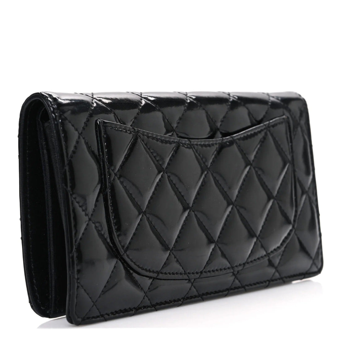 Black quilted clutch bag on a white background
