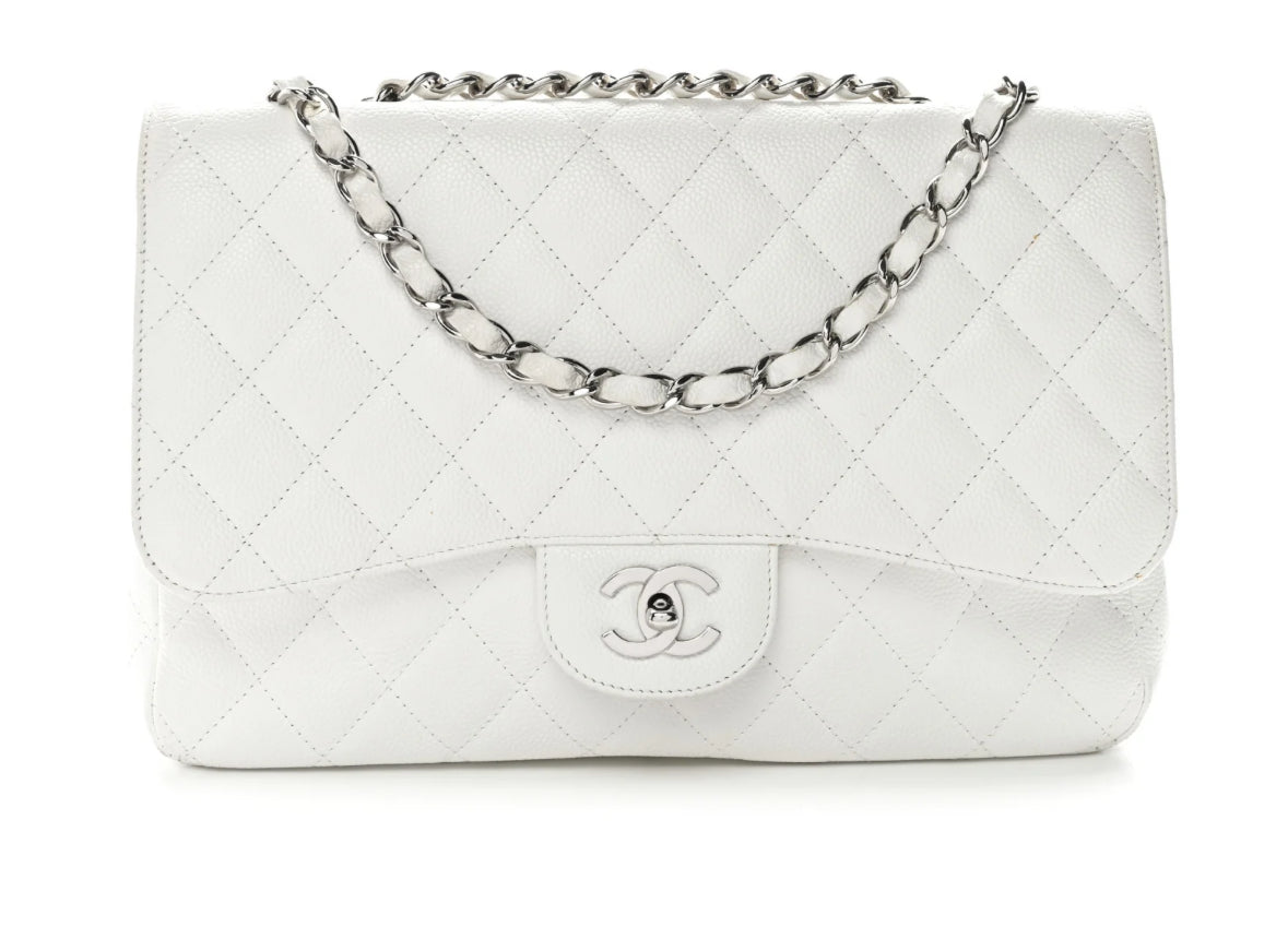 Chanel Classic Caviar Quilted Jumbo Double Flap White