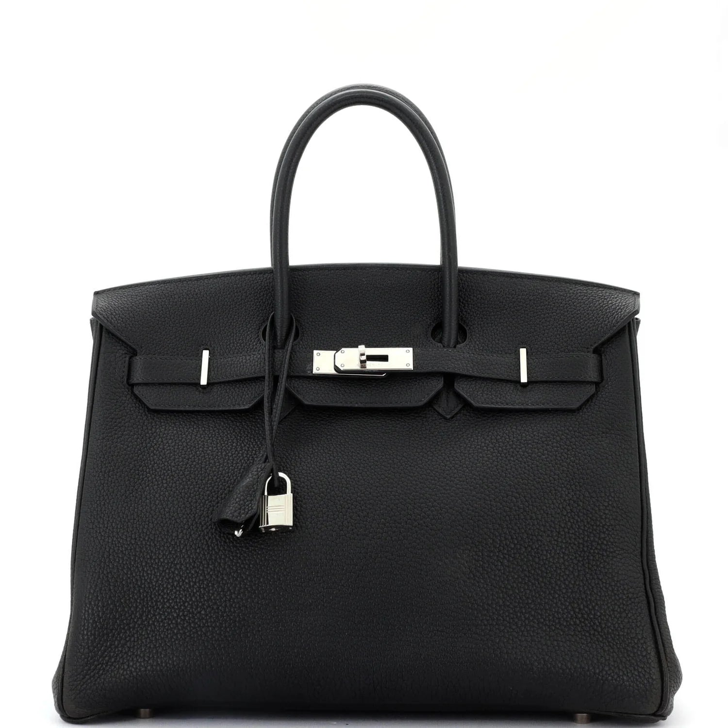 Black leather Hermes Birkin handbag with silver hardware on a white background