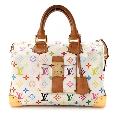 Designer handbag with multicolor pattern and brown leather accents on a white background Louis Vuitton Takashi Murakami Speedy 30 