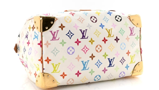 Designer handbag with multicolor pattern and brown leather accents on a white background Louis Vuitton Takashi Murakami Speedy 30 