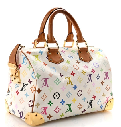 Designer handbag with multicolor pattern and brown leather accents on a white background Louis Vuitton Takashi Murakami Speedy 30 