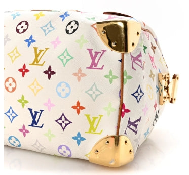 Louis Vuitton bag with multicolor monogram pattern on a white background takashi murakami speedy 
