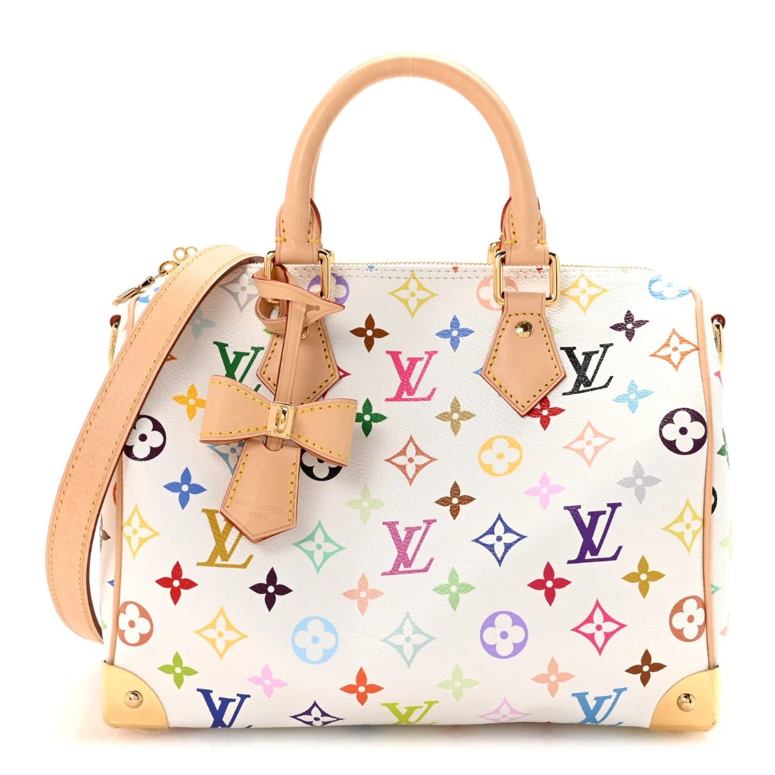 Designer handbag with colorful monogram pattern and beige accents on a white background
