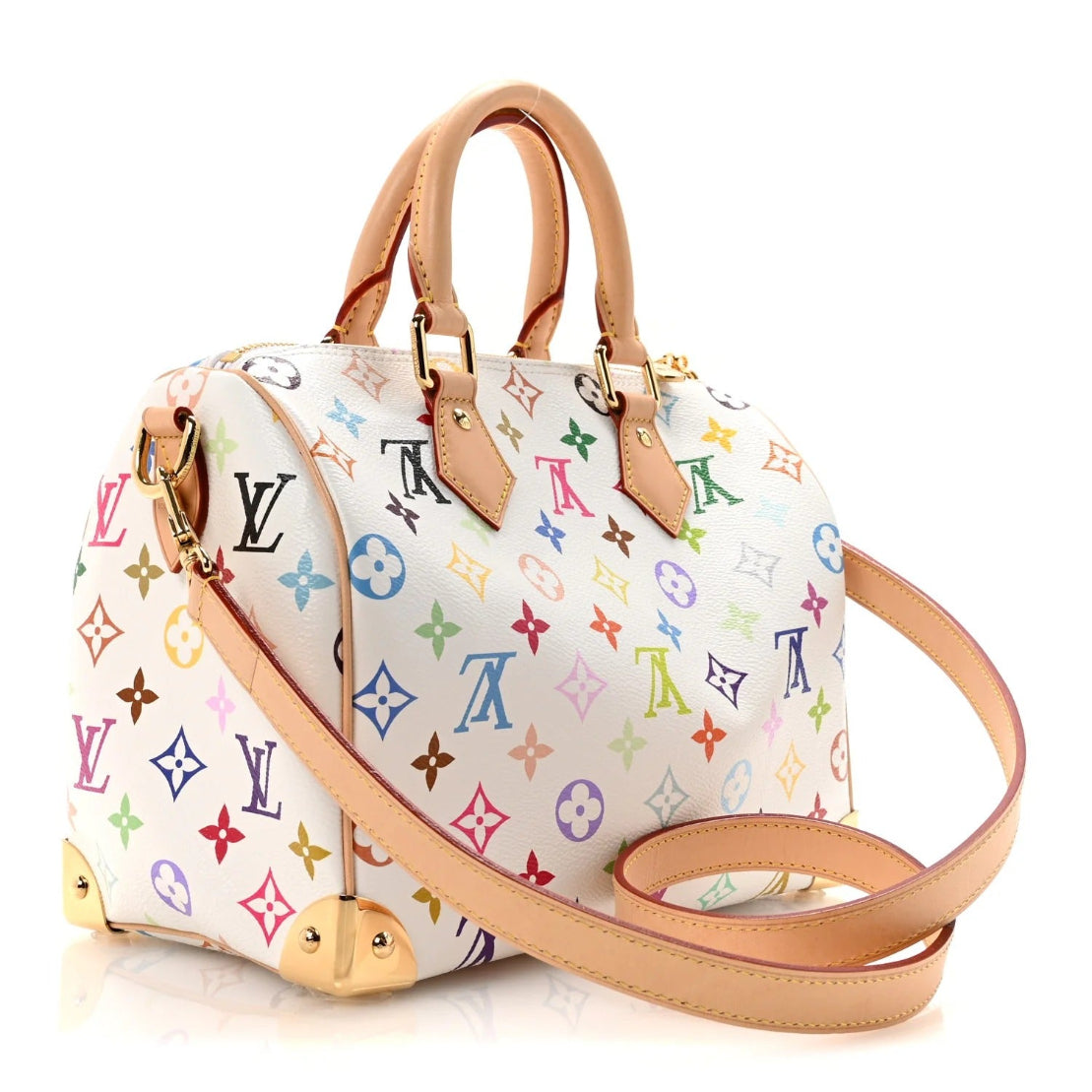 LV X TM Monogram Multicolor Speedy Bandouliere 25 White with colorful monogram pattern on a white background