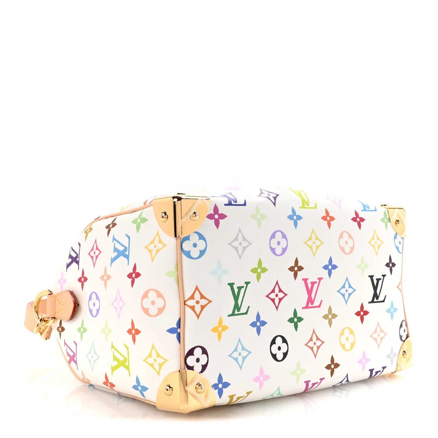 Designer handbag with colorful monogram pattern on a white background