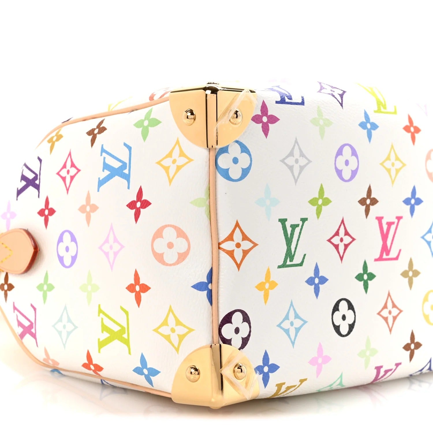 Colorful patterned handbag with gold accents on a white background