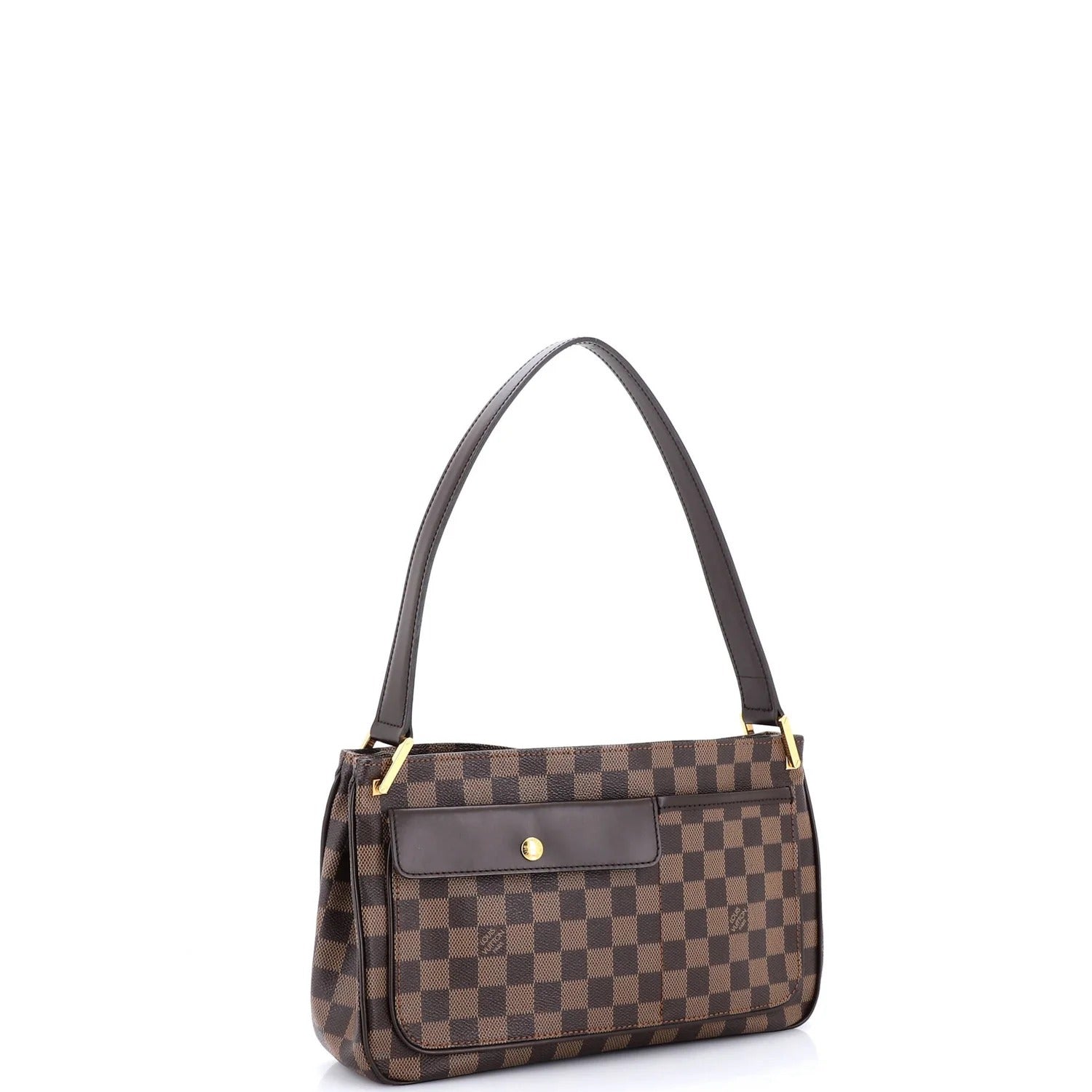 Brown checkered handbag with a gold clasp on a white background