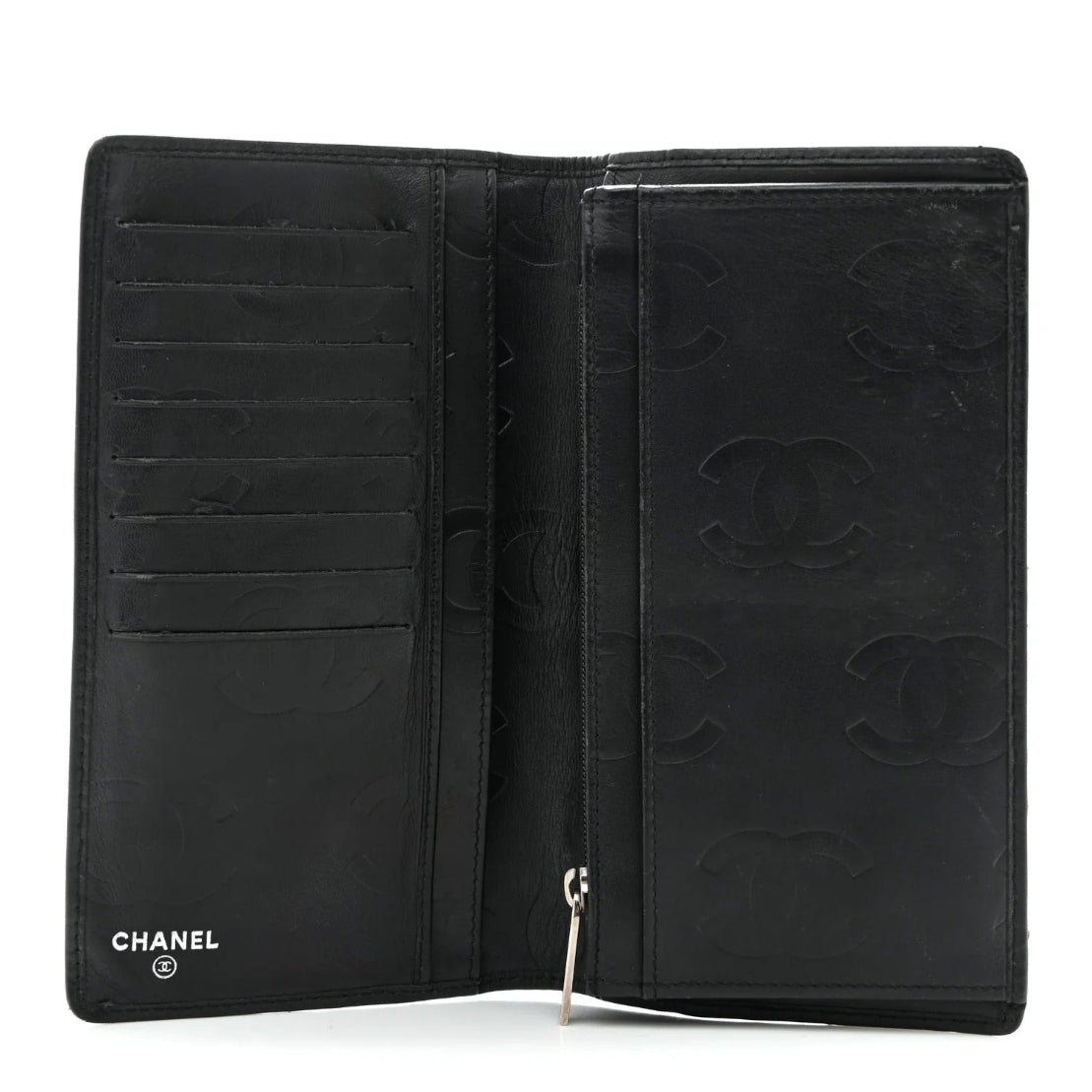 Black Chanel wallet withCC logo on a white background