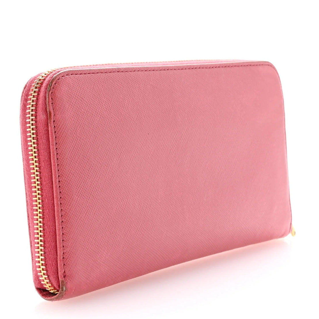 Pink wallet with a gold zipper on a white background