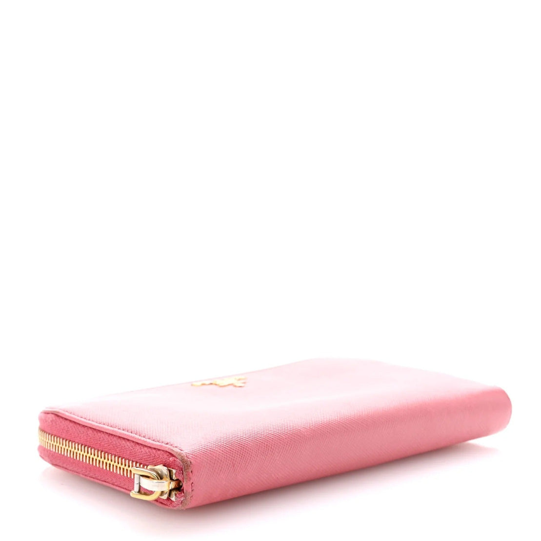 Pink wallet with gold zipper on a white background