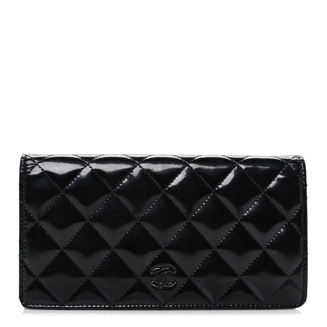 Black quilted wallet with Chanel logo on a white background