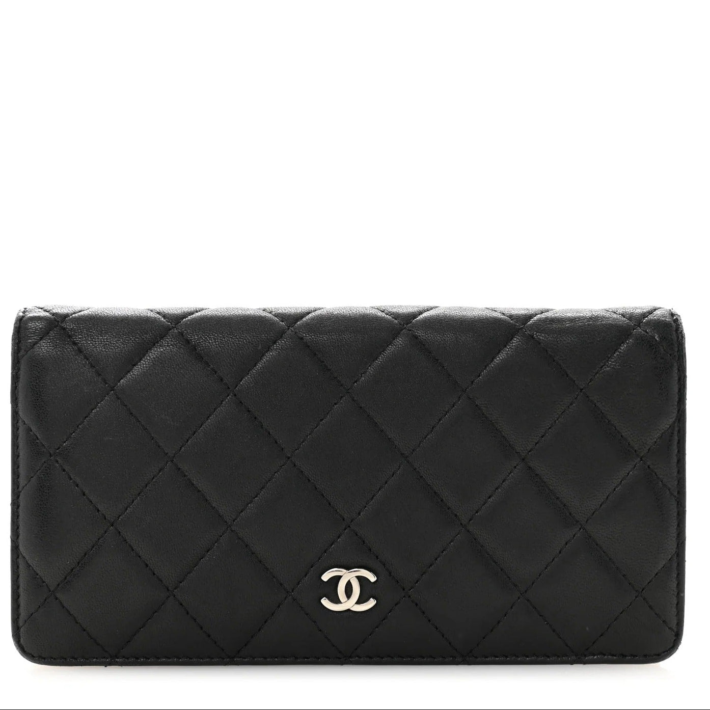 Black quilted handbag with Chanel logo on a white background