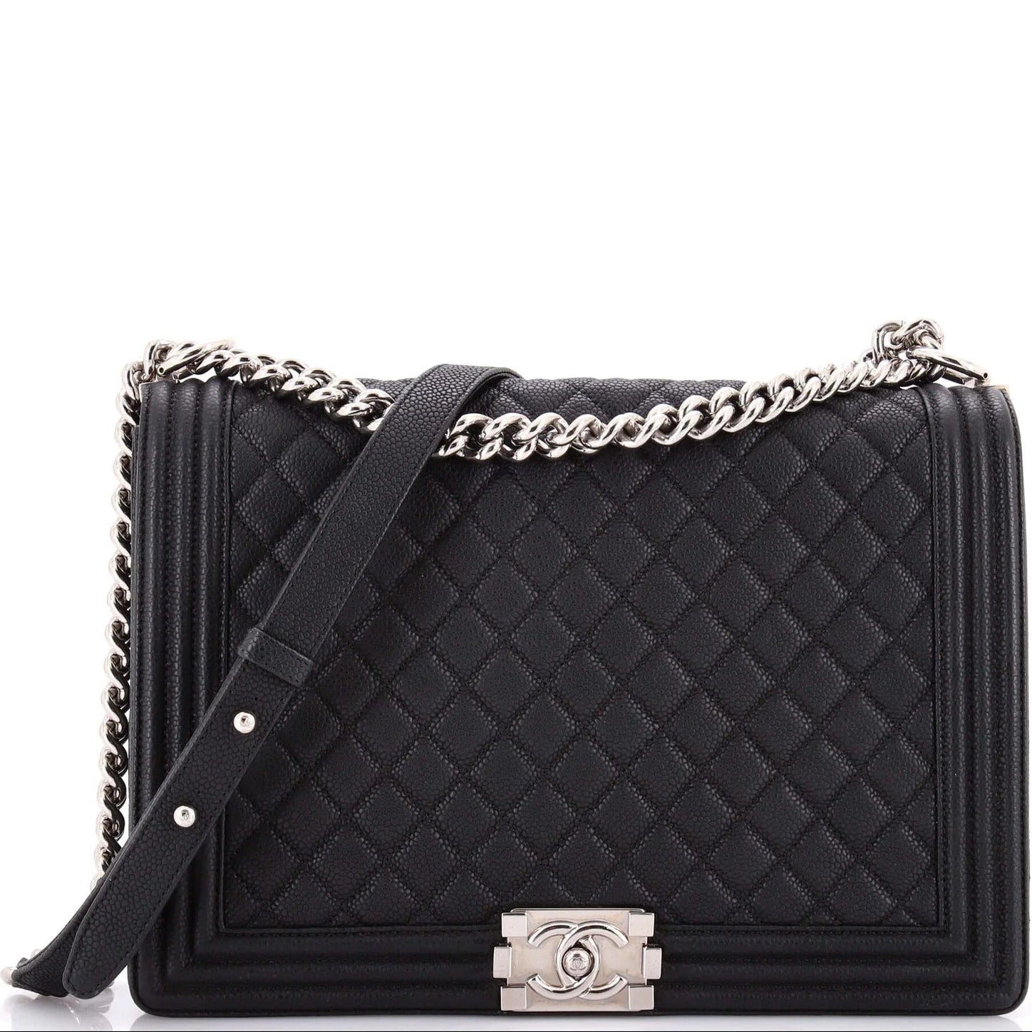 chanel caviar boy flap bag large Black quilted handbag with silver chain and Chanel logo on a white background