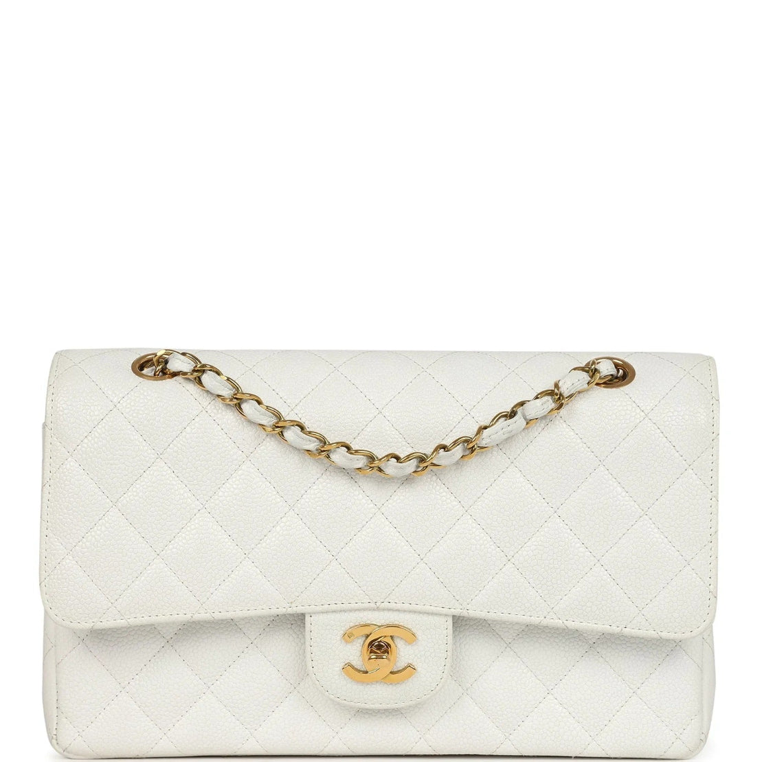 White quilted handbag with gold chain and clasp on a white background