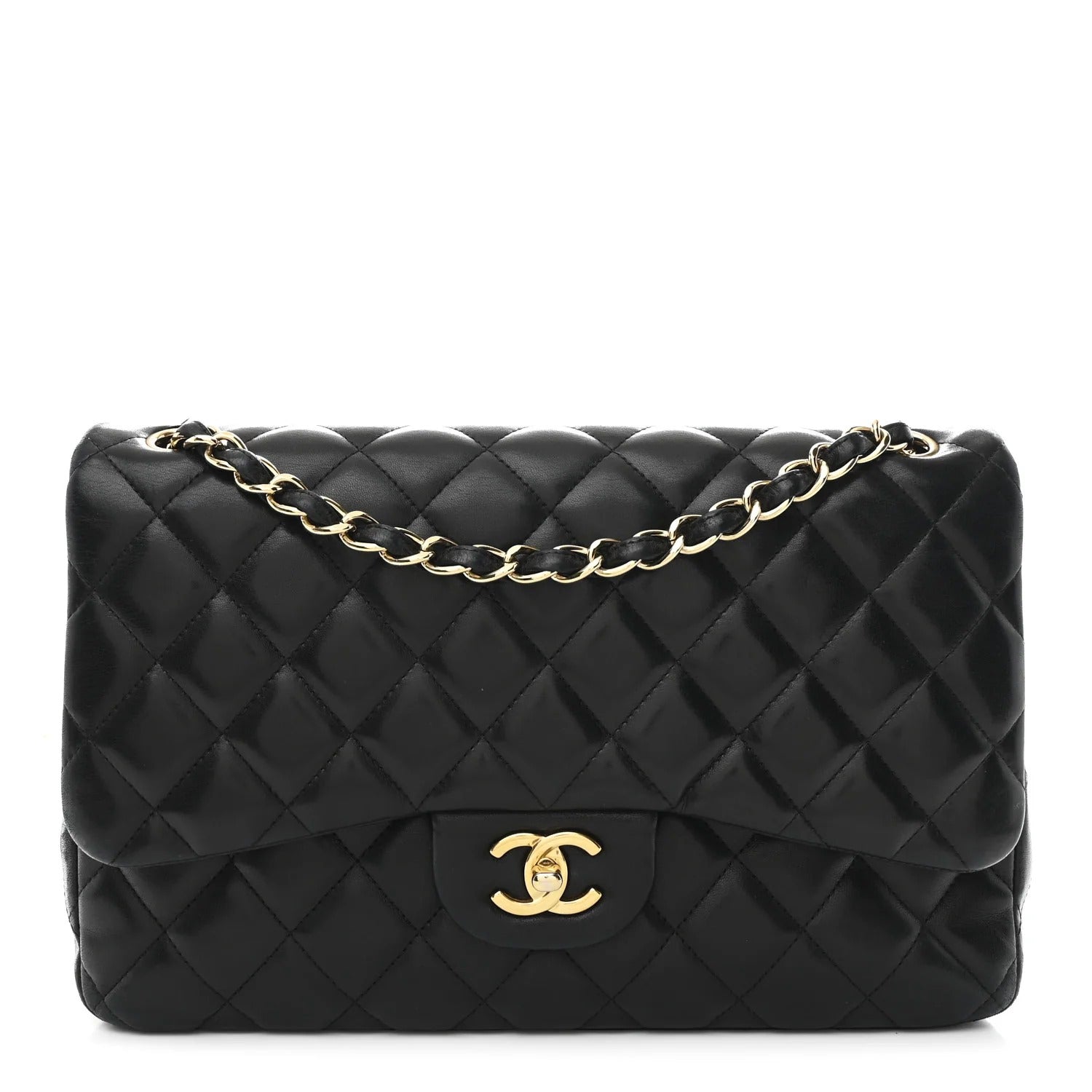 chanel jumbo lambskin Black quilted handbag with gold chain and clasp on a white background