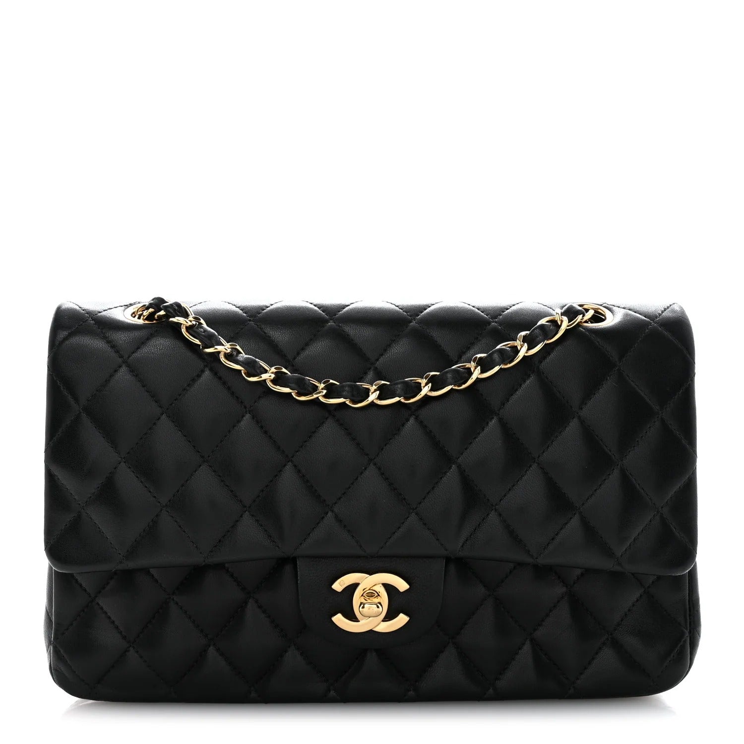 chanel lambskin medium double flap  Black quilted handbag with gold chain and clasp on a white background