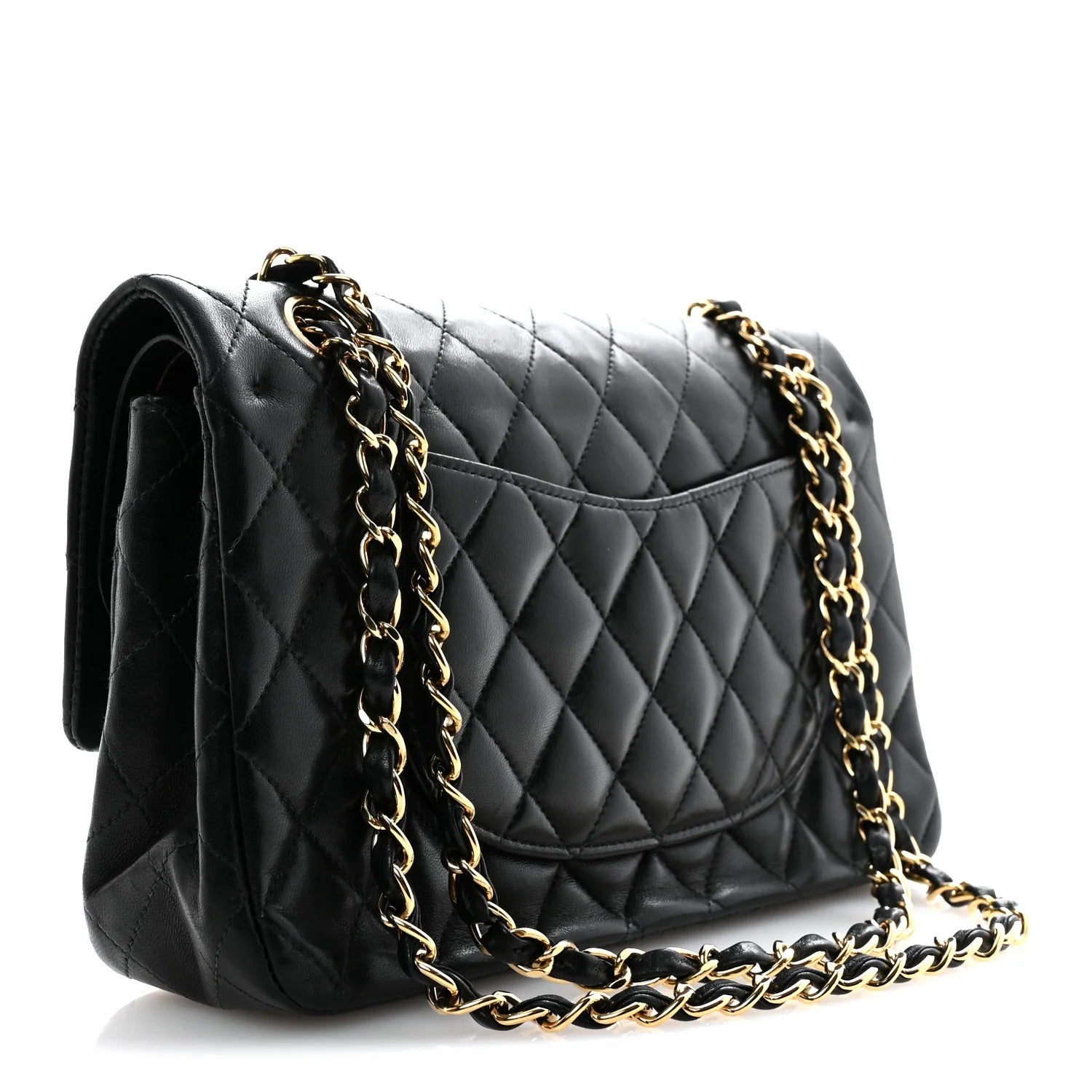 chanel lambskin medium double flap   with gold chain strap on a white background