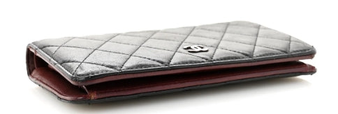 Quilted wallet with a chanel logo on a white background