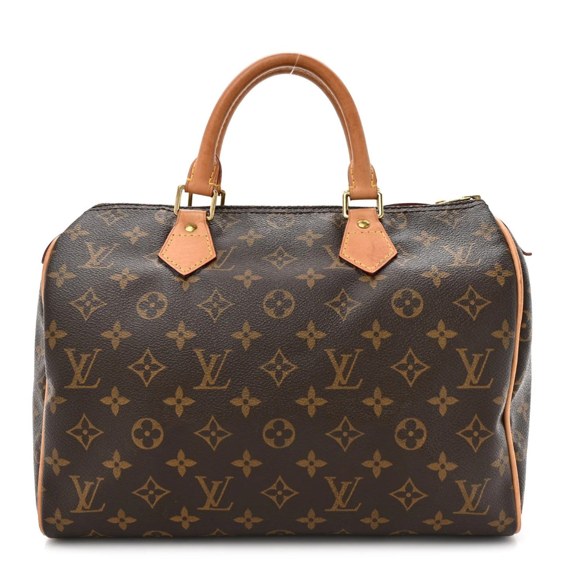 Designer handbag with monogram pattern on a white background