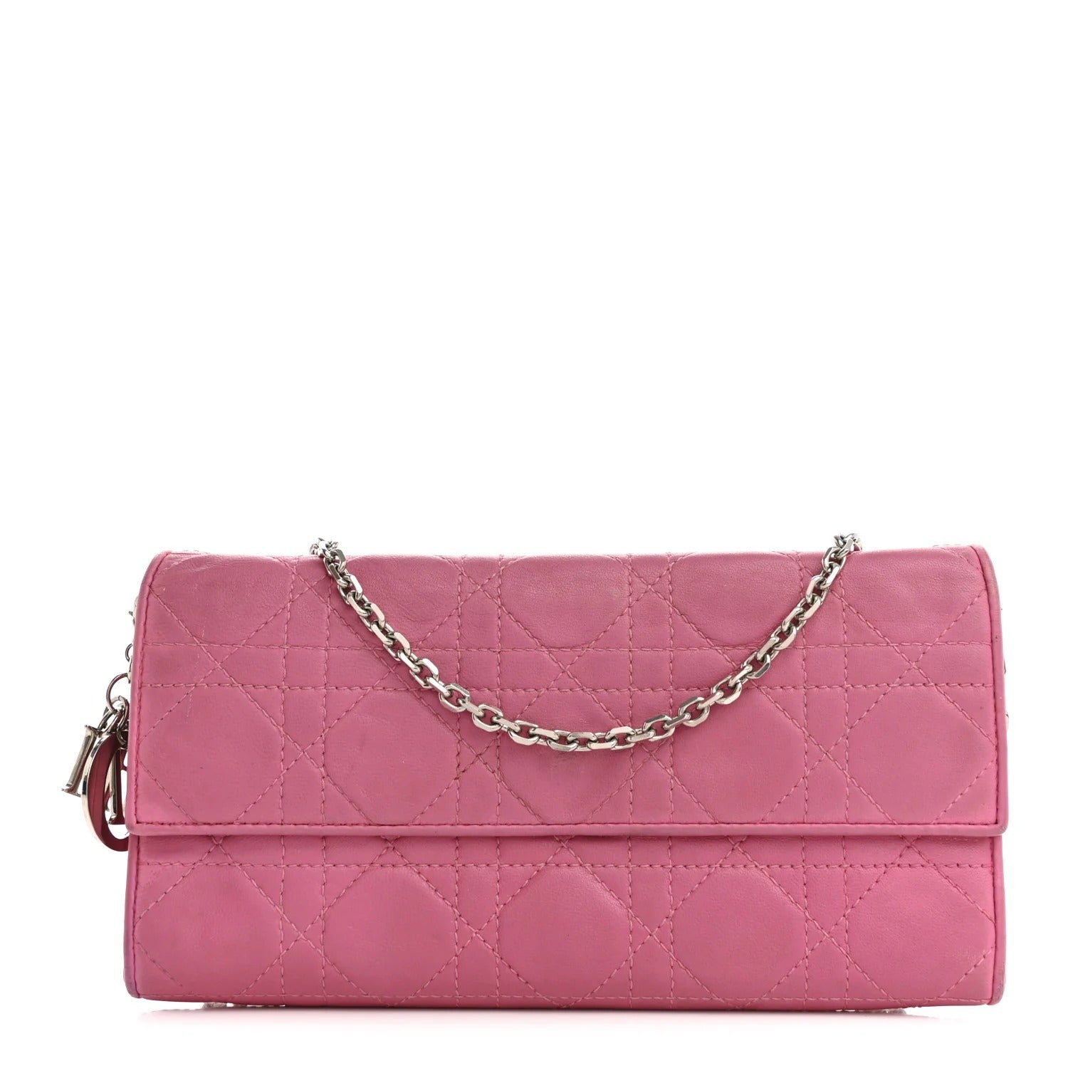 christian dior wallet on chain Pink quilted handbag with a chain strap on a white background 
