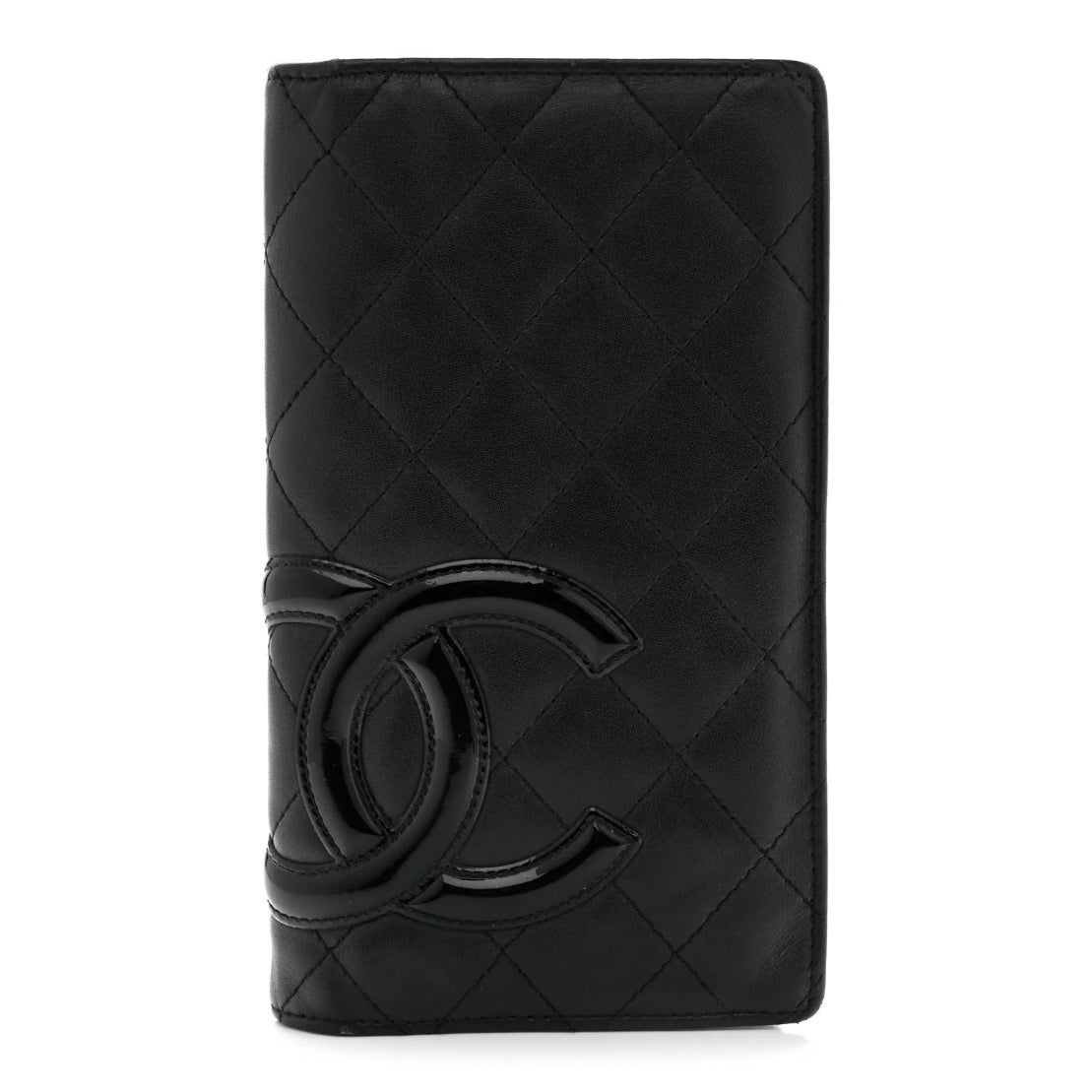 Black quilted wallet with Chanel logo on a white background