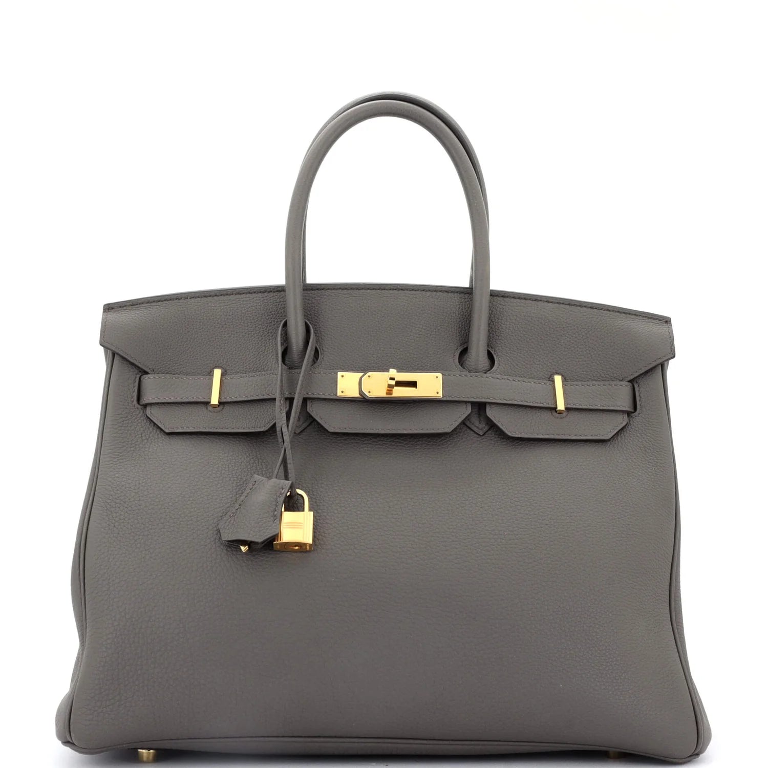 Gray Hermes Birkin handbag with gold hardware on a white background