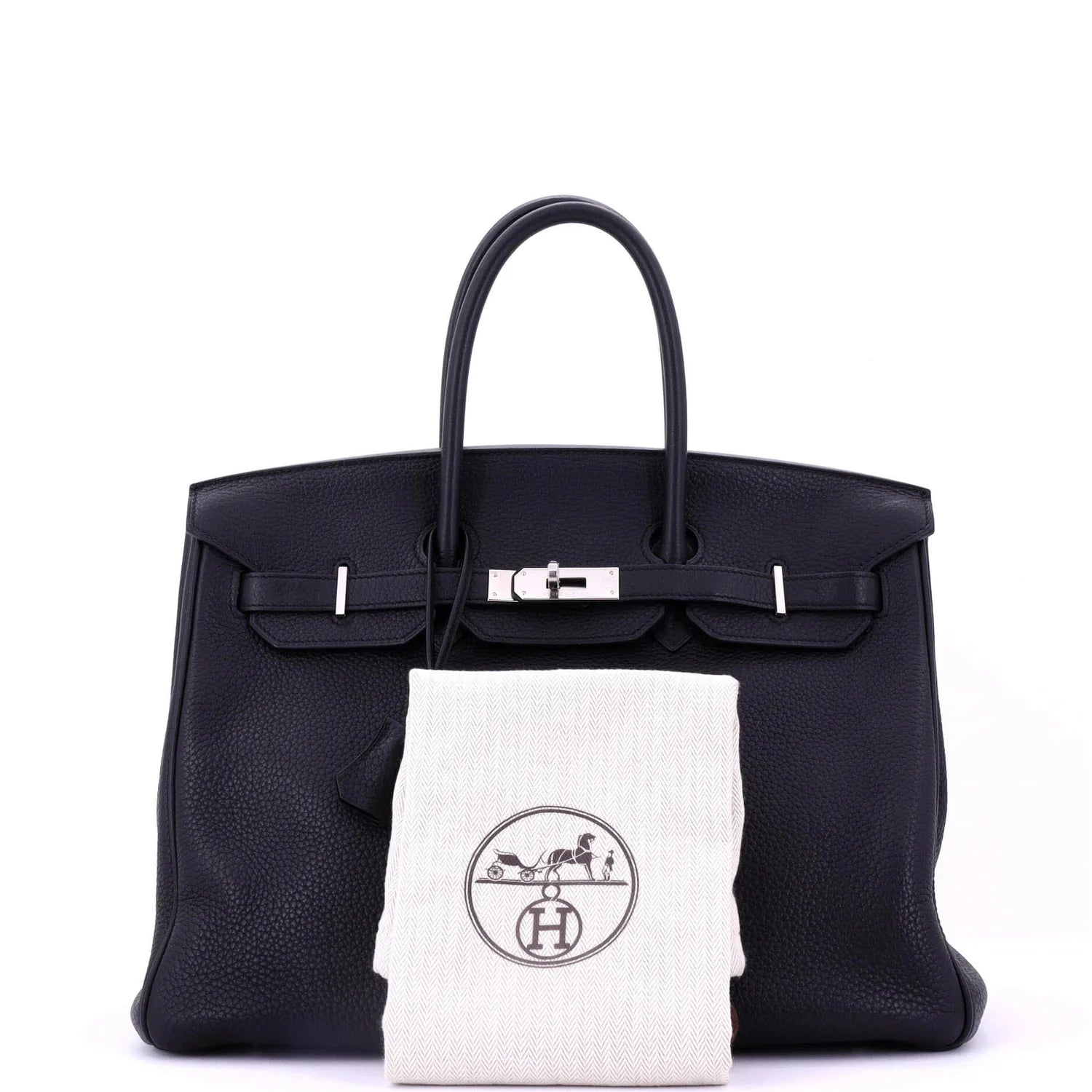 Black Hermes Birkin handbag with a white pouch featuring a logo on a white background