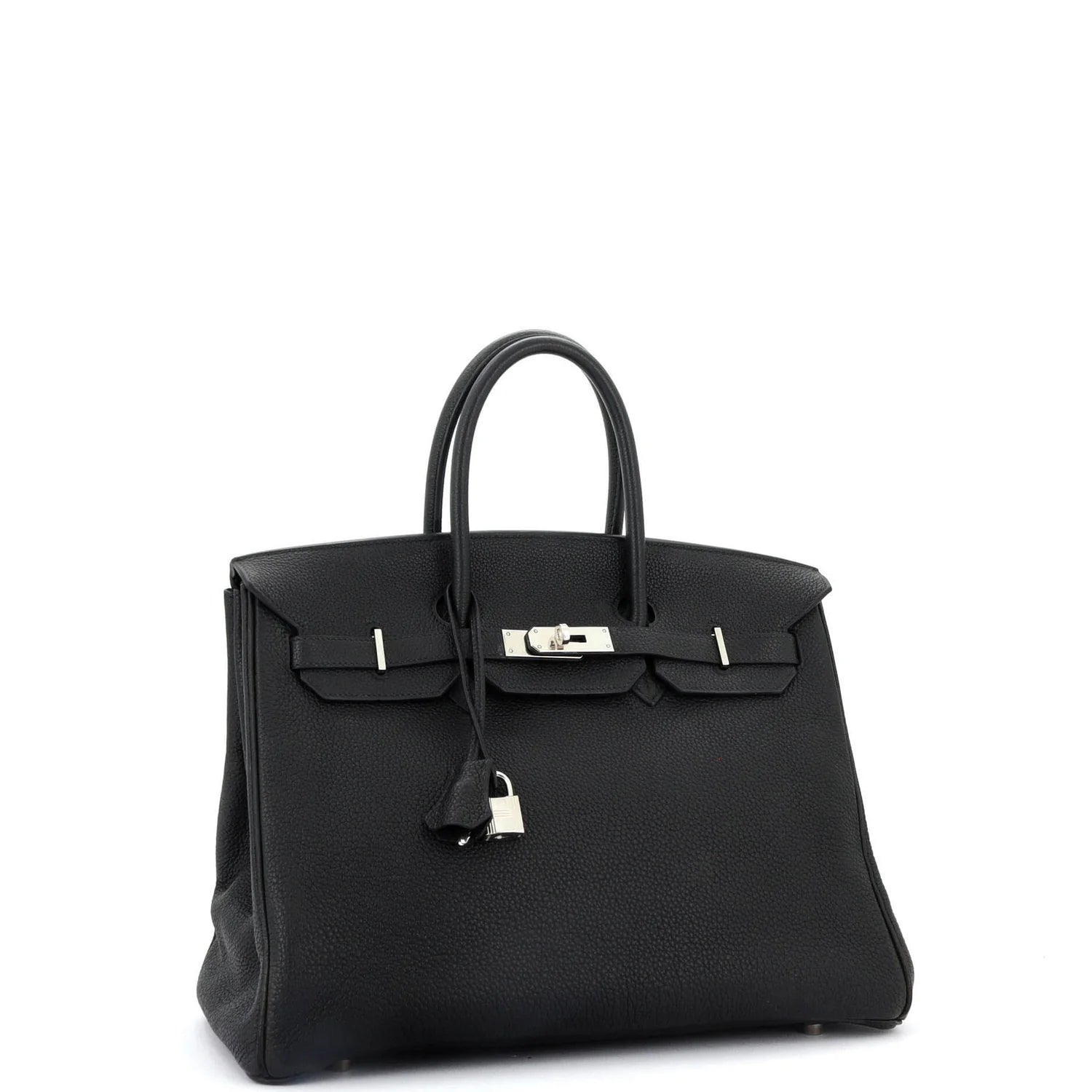Black Hermes Birkin handbag with silver hardware on a white background