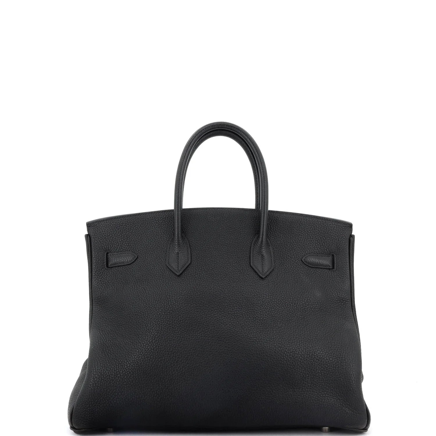 Black Hermes Birkin handbag with a glossy finish on a white background