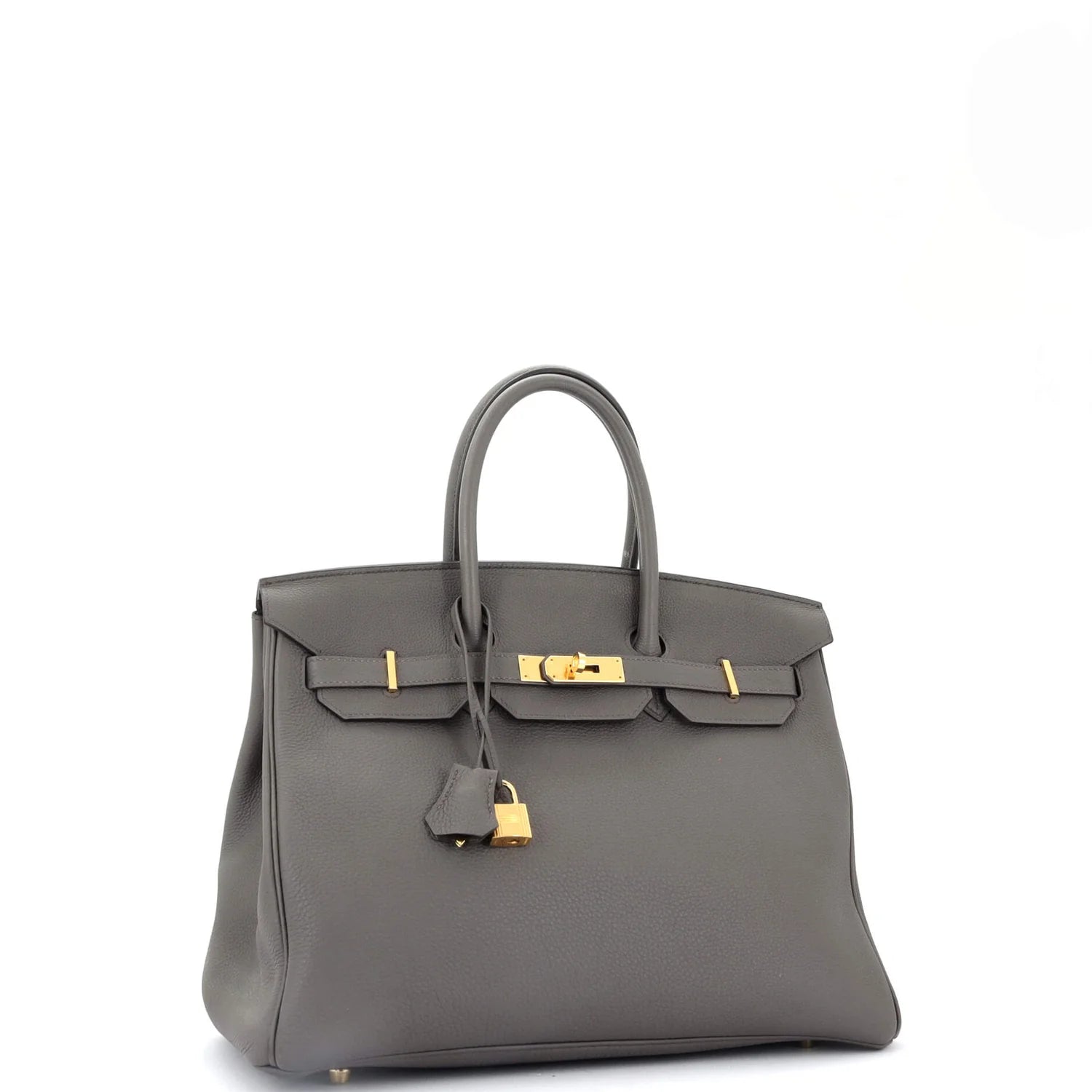 Gray Hermes Birkin handbag with gold hardware on a white background