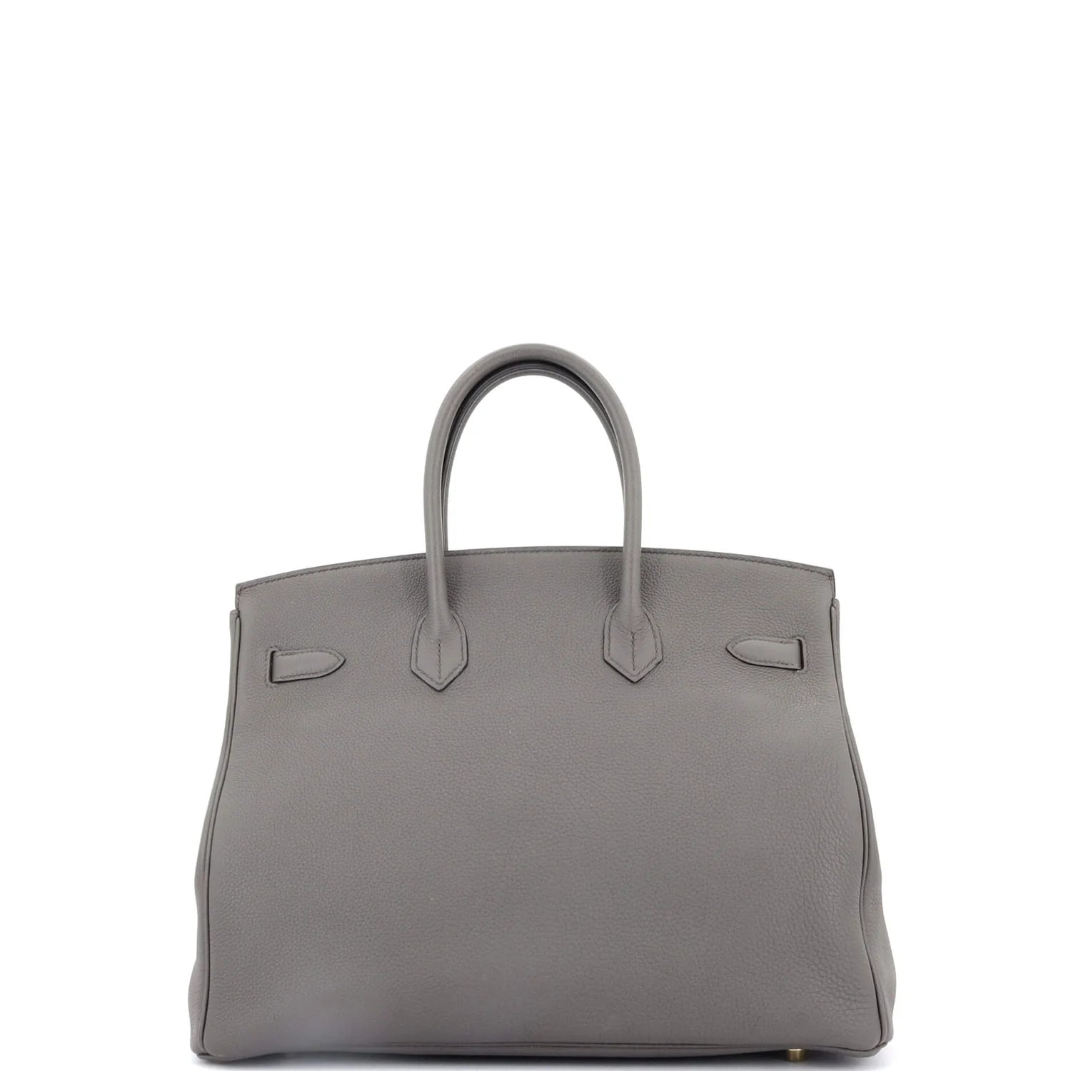 Gray Hermes Birkin handbag with a handle on a white background