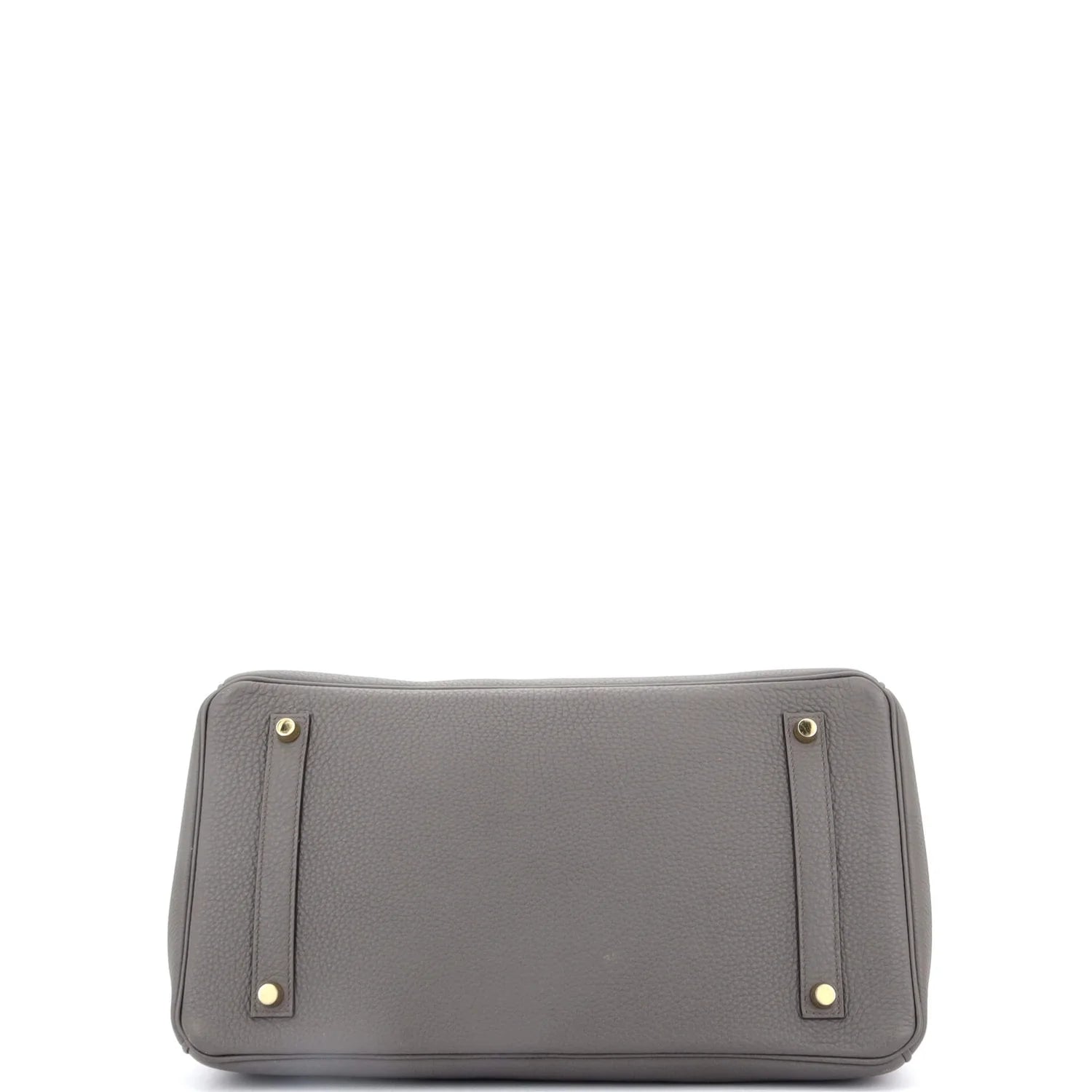 Gray Hermes Birkin handbag with gold accents on a white background