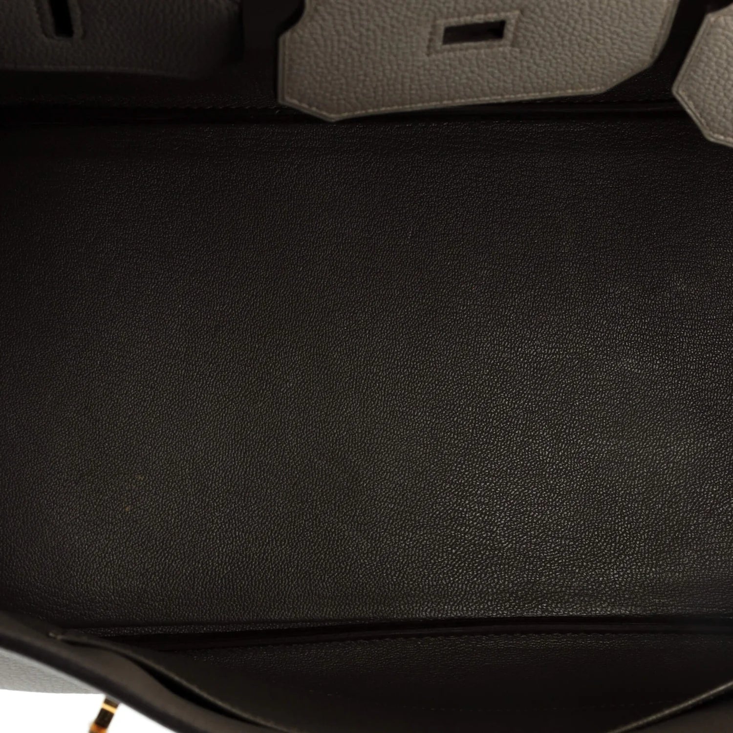 Hermes Birkin handbag interior close-up of black and gray leather
