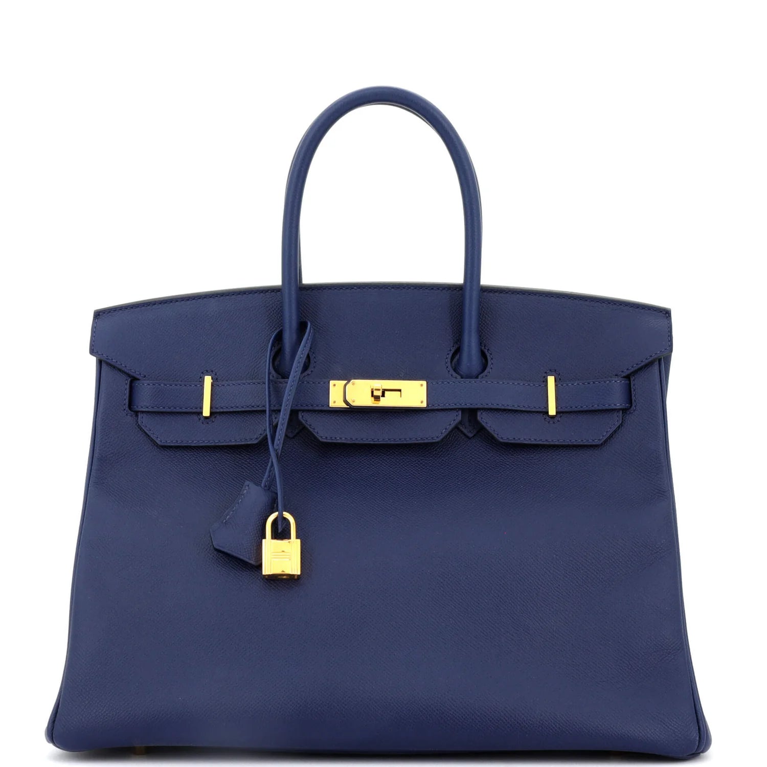 Blue hermes birkin handbag with gold hardware on a white background