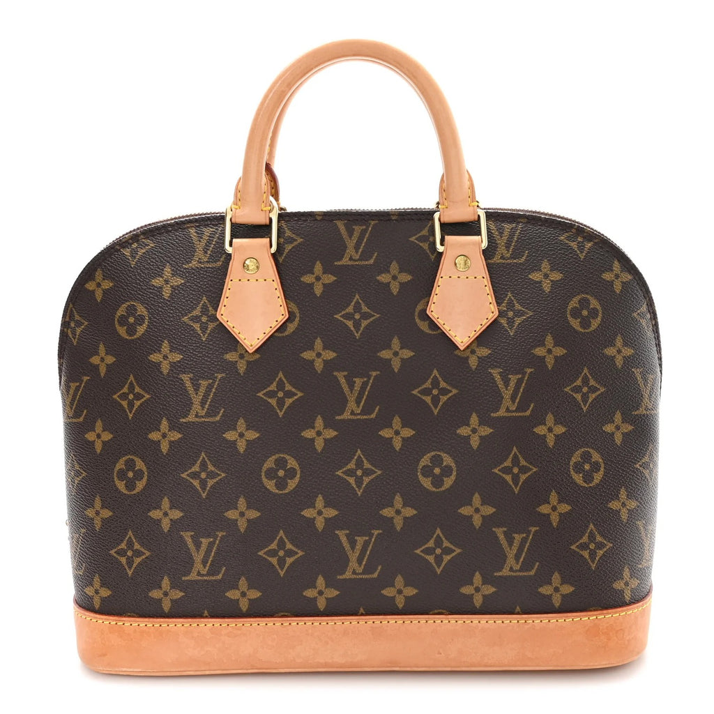 louis vuitton alma pm handbag with monogram pattern on a white background