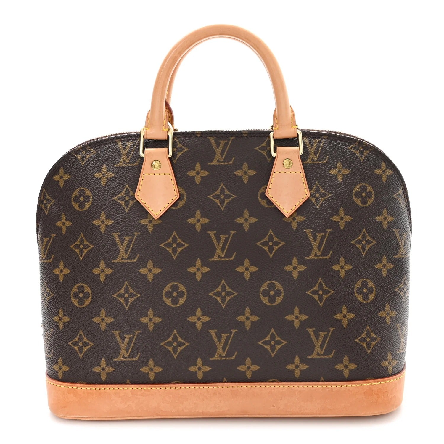 louis vuitton alma pm handbag with monogram pattern on a white background
