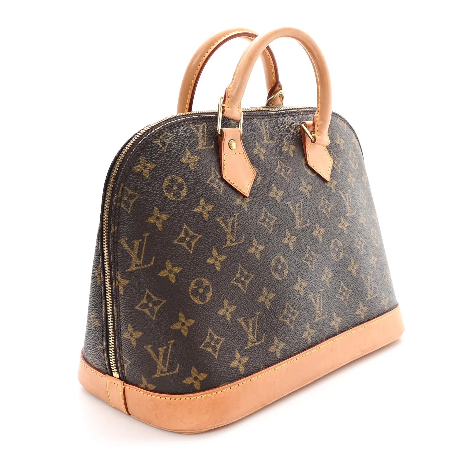 louis vuitton alma pm handbag with monogram pattern on a white background