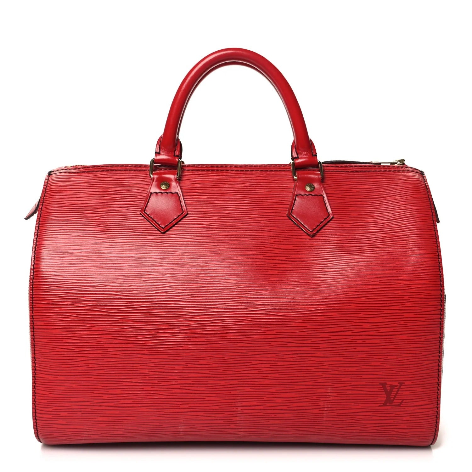 louis vuitton epi red speedy with a visible brand logo on a white background