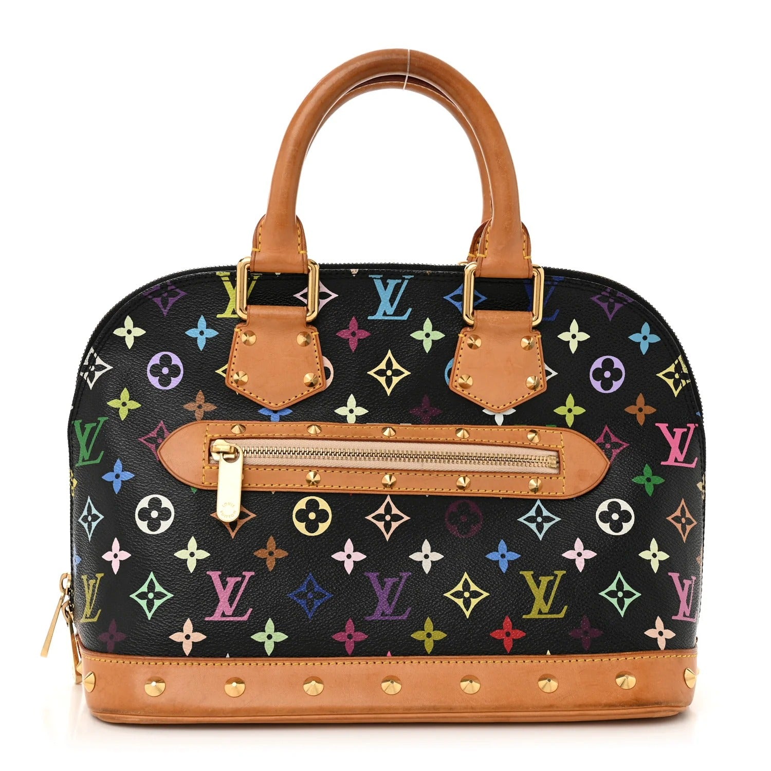 louis vuitton murakami alma with multicolor pattern and brown leather accents on a white background
