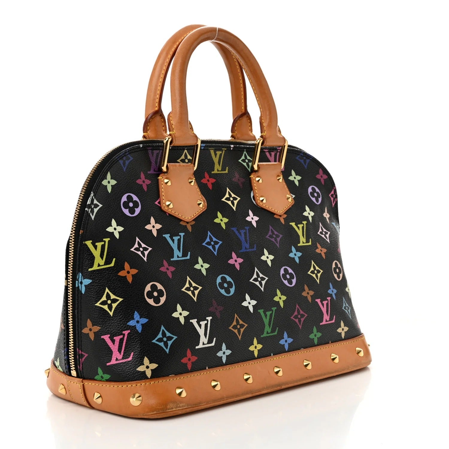 louis vuitton murakami alma  with multicolor pattern and brown leather accents on a white background