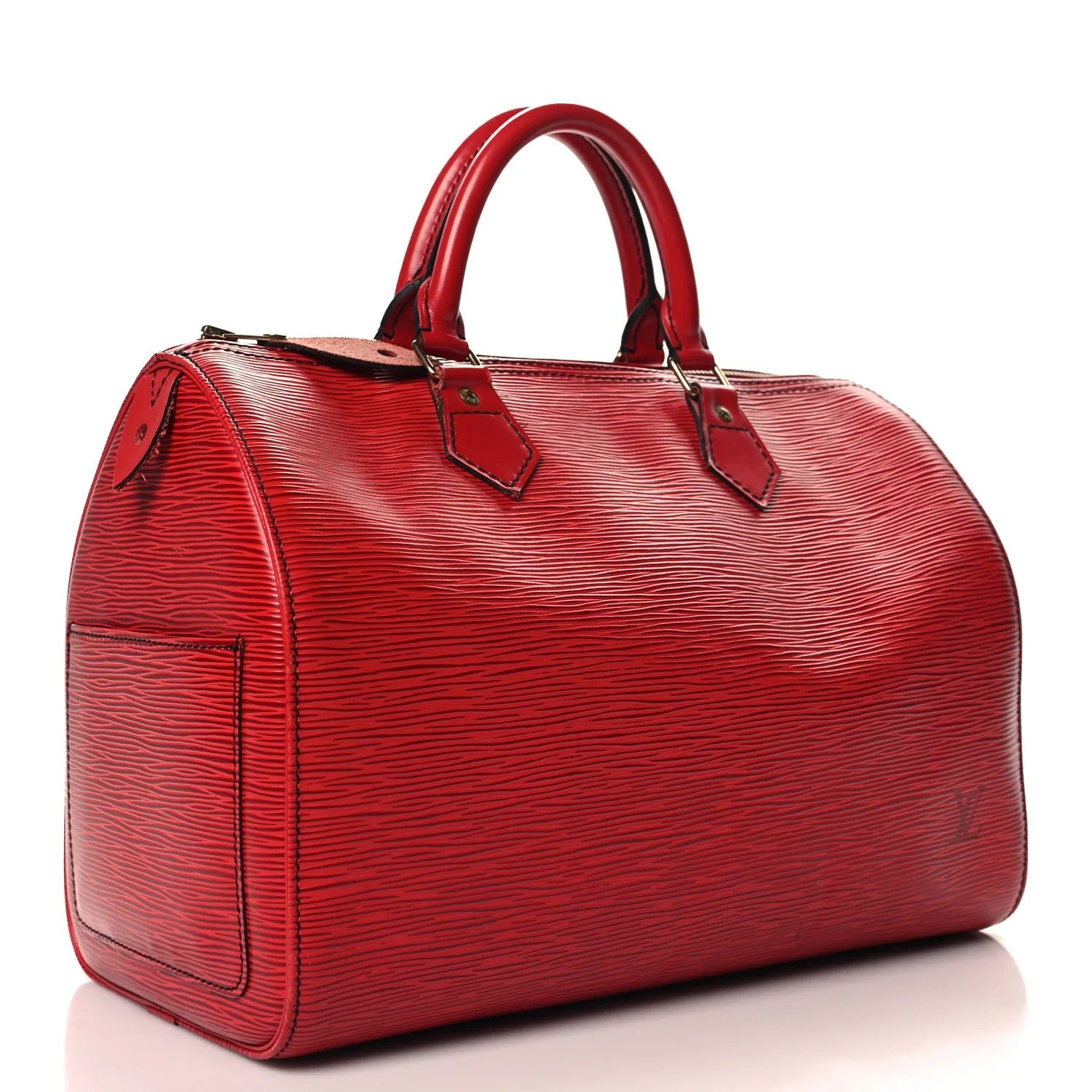louis vuitton epi red speedy with a visible brand logo on a white background handbag with a visible brand logo on a white background