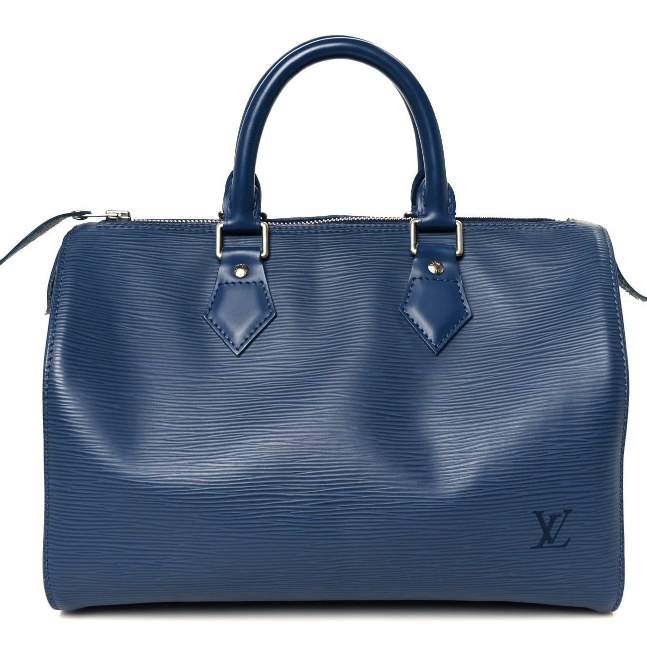 lous vuitton epi speedy blue  with gold hardware on a white background