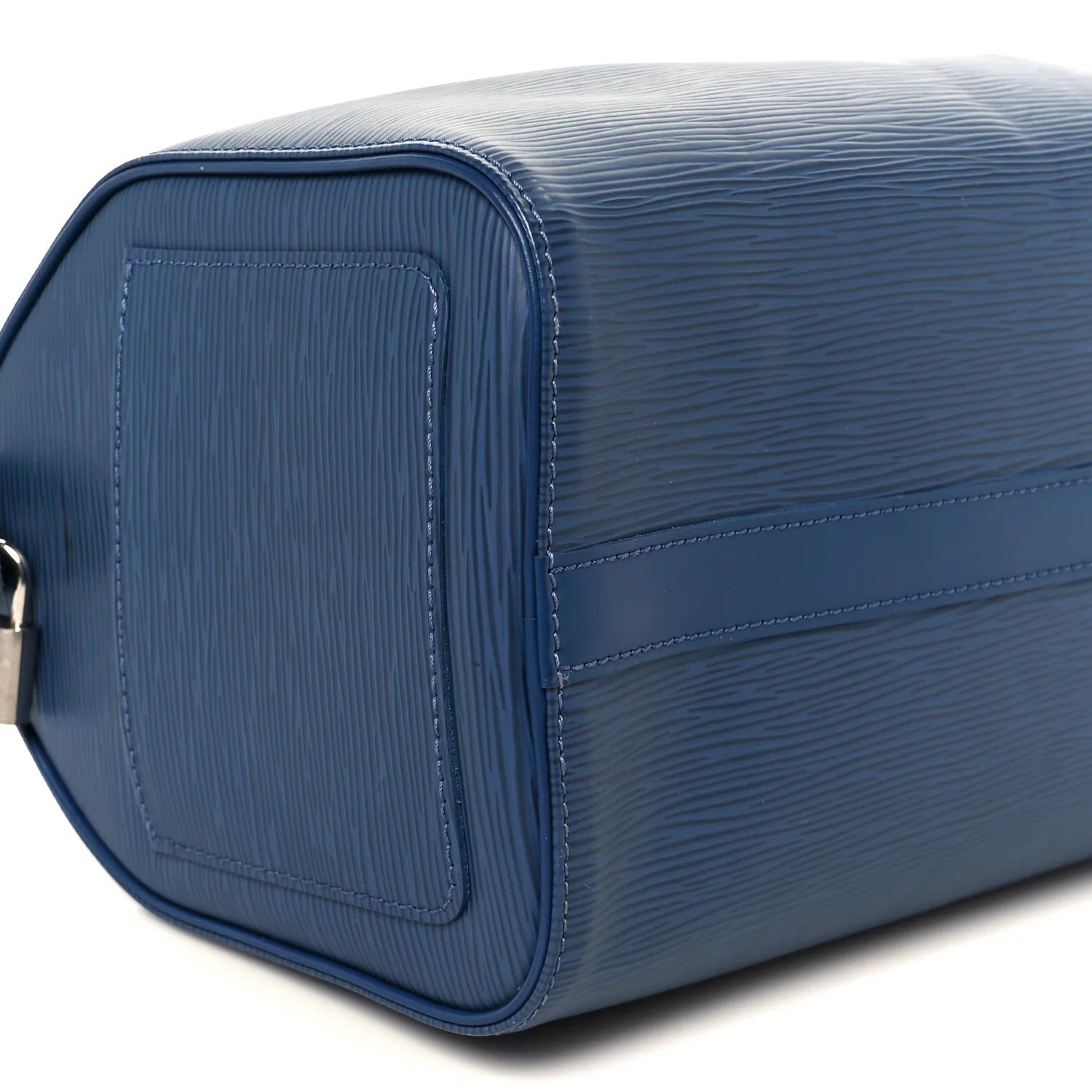 Blue textured louis vuitton epi speedy bag on a white background