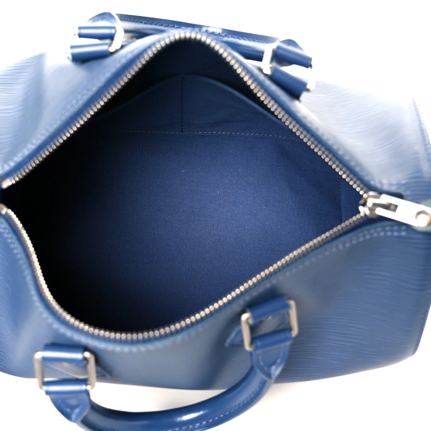 louis vuitton epi speedy blue  with silver zippers on a white background