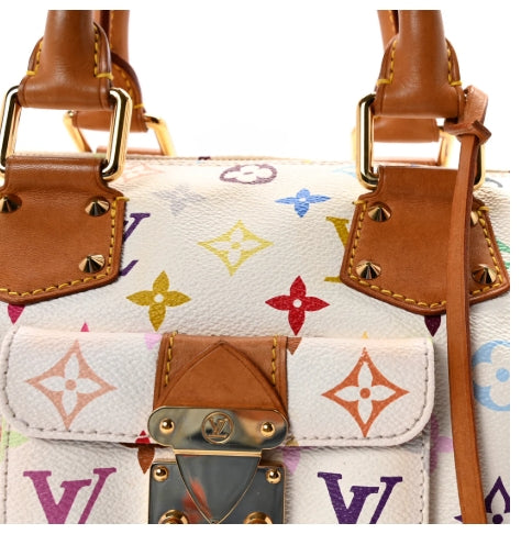 Designer handbag with multicolor pattern and brown leather accents on a white background Louis Vuitton Takashi Murakami Speedy 30 Vhicetta Leather